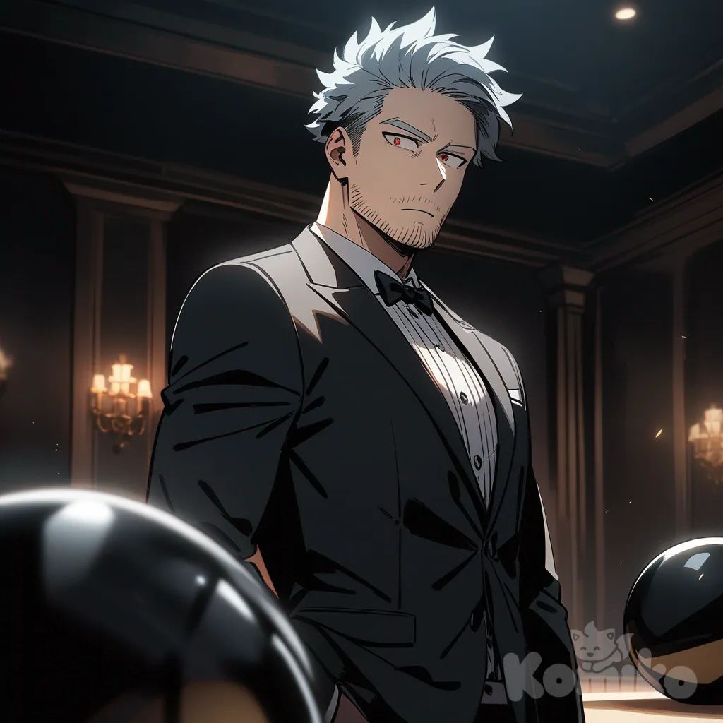 1male, my hero academia style, adult, tall, athletic, light skin, blue gray hair, short hair, neat hair, fancy, formal attire, stubble facial hair, red eyes, dark room, background dark ball room, looking at viewer