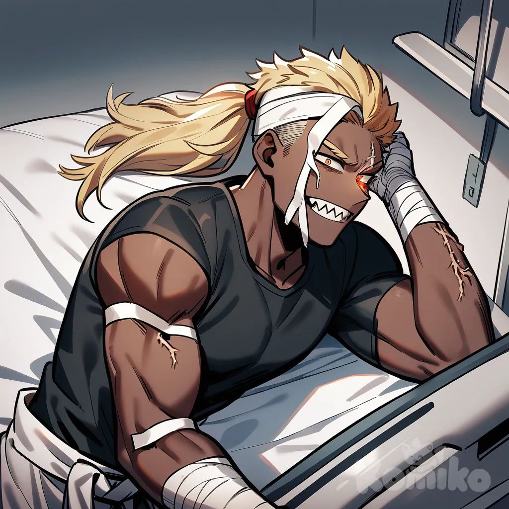1male, my hero academia style, teenager, tall, athletic, muscular, dark black skin, sharp teeth, long hair, blonde hair, dreadlocks, ponytail, orange eyes, glowing black veins running down face from eye , bandages up right arm, bandages on right side of face, bleeding from forehead, bandages around his waist, lying in hospital bed , crying, necklaces, background hospital room, sunrise