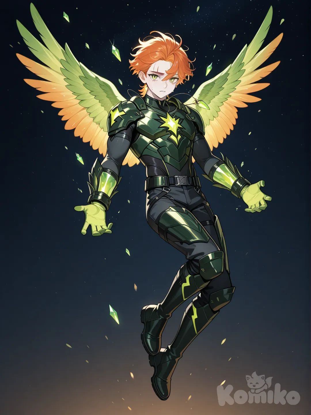 1Male, my heir academia, falling, teenager, tall, athletic, muscular, pale skin, green eyes with slits, black irises, tears, green and orange feathered wings, short hair, orange hair, swoop side hair, scars, glowing Green crystal on shoulder, futuristic black and green full body armor, knee-high futuristic black and green boots, glowing green crystal necklaces, glowing green crystal knuckle gloves, background nighttime sky, looking at viewer
