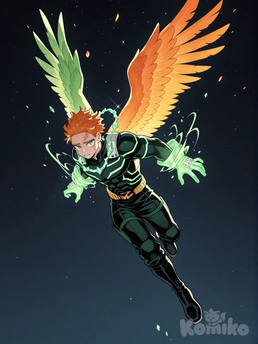 1Male, my hero academia, line art style, climactic scene falling, teenager, tall, athletic, muscular, pale skin, green eyes with slits, black irises, tears, massive green and orange feathered wings, short hair, orange hair, slicked back hair, scars, glowing Green crystal on shoulder, futuristic black and green full body armor, knee-high futuristic black and green boots, glowing green crystal necklaces, glowing green crystal knuckle gloves, background nighttime sky, looking at viewer