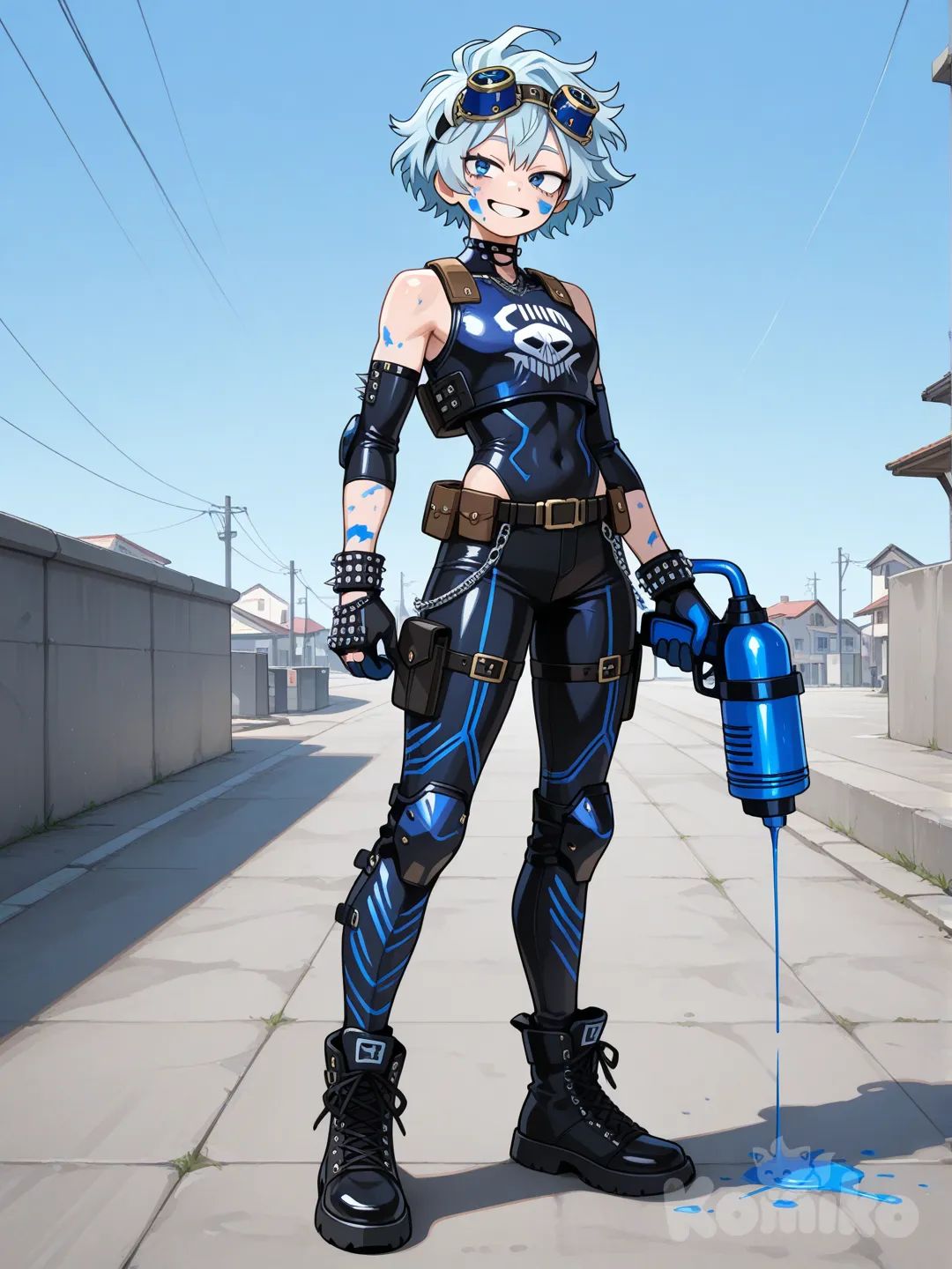 1Female, my hero academia style, teenager, short, skinny, athletic, blue eyes, shirt hair, light blue hair, light skin, futuristic light blue and black full body armor, punk googles n head, paint splats on face, paint weapon, smile, dark blue knuckle gloves with accessories, background clear sky, sunny day, small town background
