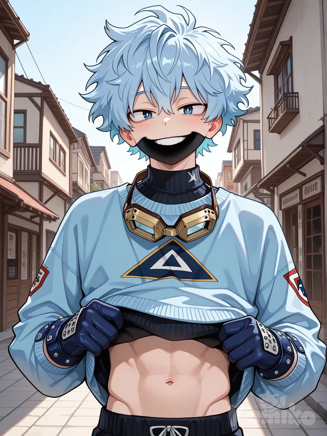 1male, my hero academia style, teenager, short, skinny, handsome, athletic, blue eyes, short hair, pale blue hair, cool hair, light skin, futuristic light blue and black sweater, punk googles with triangle on them over eyes, smile, dark blue knuckle gloves with accessories, background clear sky, black face mask over mouth, sunny day, small town background