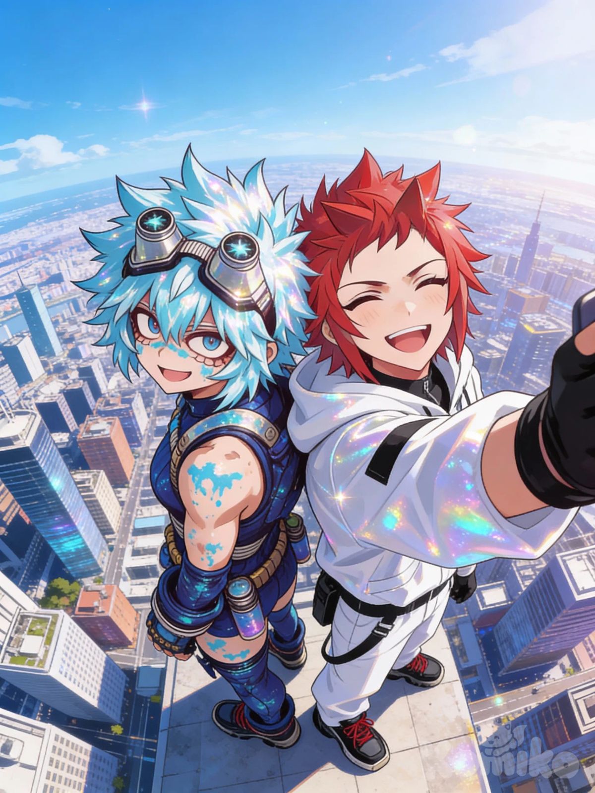 @benji-vermathrax-bea-1AZX, @Kirishima_Eijirou, selfie, upper body, bird's-eye view, day, blue sky, cityscape, [iridescent-style], back to back, smile, laughing