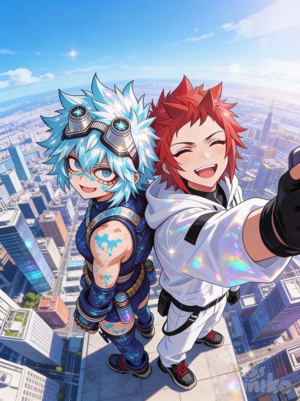 @benji-vermathrax-bea-1AZX, @Kirishima_Eijirou, selfie, upper body, bird's-eye view, day, blue sky, cityscape, [iridescent-style], back to back, smile, laughing