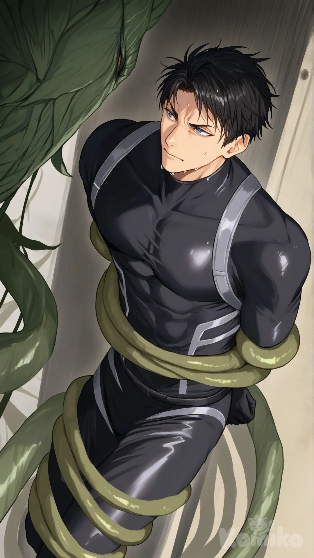 1boy, 1boy, 2people, fighting, superhero vs villain, superhero vs monster, human vs monster, confront, main street

Characters :
First person : Yamazaki Sousuke, free! anime, has a short black hair, blue eyes, light skin, black gloves, he's wearing two tone black with white strap tight suit, superhero suit, adult, [serious-man-style], full body, central city background, wet, superhero, eye closed, captured 

Second person : villain, gigantic plant monster, vines, tentacles, come up from the sewer, catch, dangerous