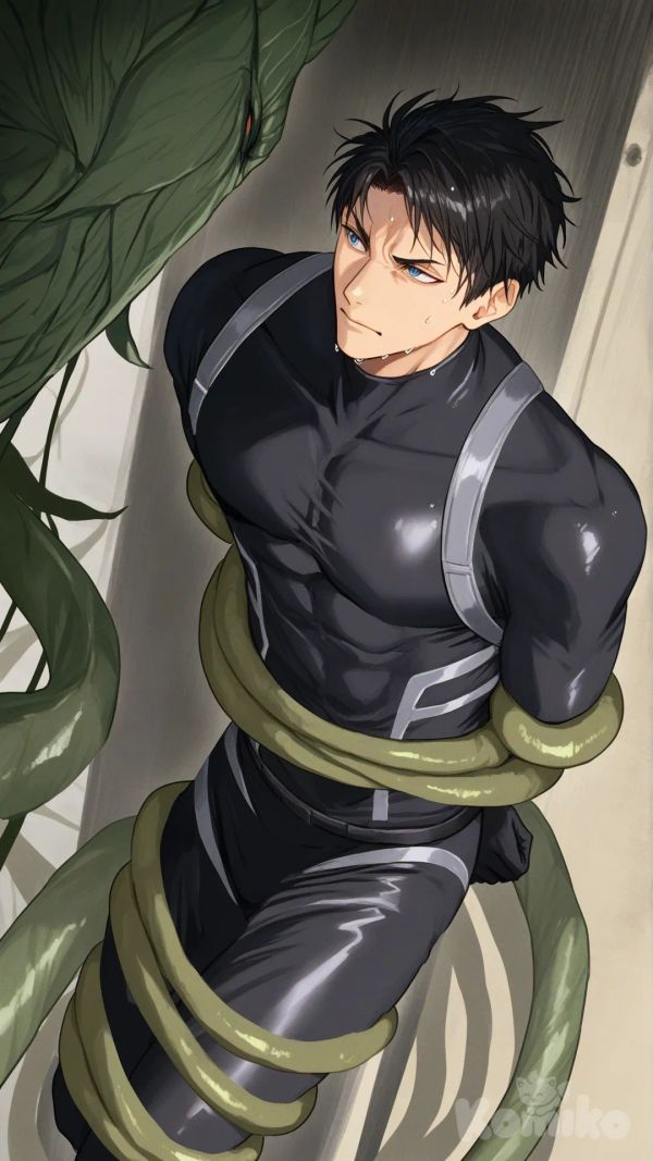 1boy, 1boy, 2people, fighting, superhero vs villain, superhero vs monster, human vs monster, confront, main street

Characters :
First person : Yamazaki Sousuke, free! anime, has a short black hair, blue eyes, light skin, black gloves, he's wearing two tone black with white strap tight suit, superhero suit, adult, [serious-man-style], full body, central city background, wet, superhero, eye closed, captured 

Second person : villain, gigantic plant monster, vines, tentacles, come up from the sewer, catch, dangerous