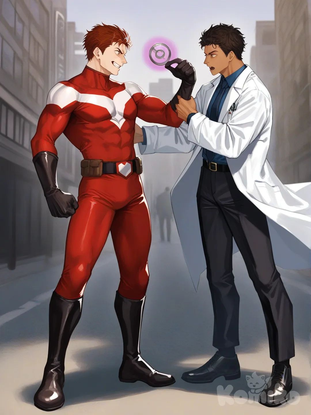 1boy, 1boy, 2people, fighting, superhero vs villain, superhero vs monster, human vs monster, confront, main street, 

Characters :
First person : Derek Kingsfield : 28, jock studio, has a short dark red hair, brown eyes, tan skin, black gloves, he's wearing three tone red with black and white strap tight suit , superhero suit, adult, [serious-man-style], full body, central city background, wet suit, superhero, hypnotized, standing, can't move body, droll, 

Second person : villain, human, male, mad scientist, lab coat, hypnosis, hypnosis tools