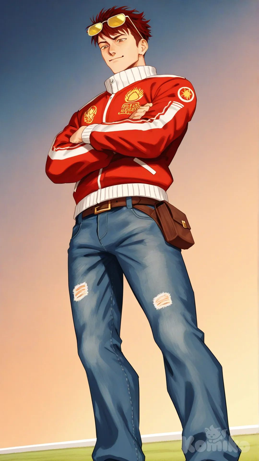 1boy, solo, football field, from below,

Derek Kingsfield, Jock Studio, muscular body, brown eyes, short dark red hair, warm peach skin tone, muscular body, standing, [serious-man-style], full body, thin smile, crossed arms, wears square yellow sunglasses over his head, wears red jacket with white accents and yellow star designs, blue jeans, wears a brown leather harness and belt with a pouch and leather strips on his left