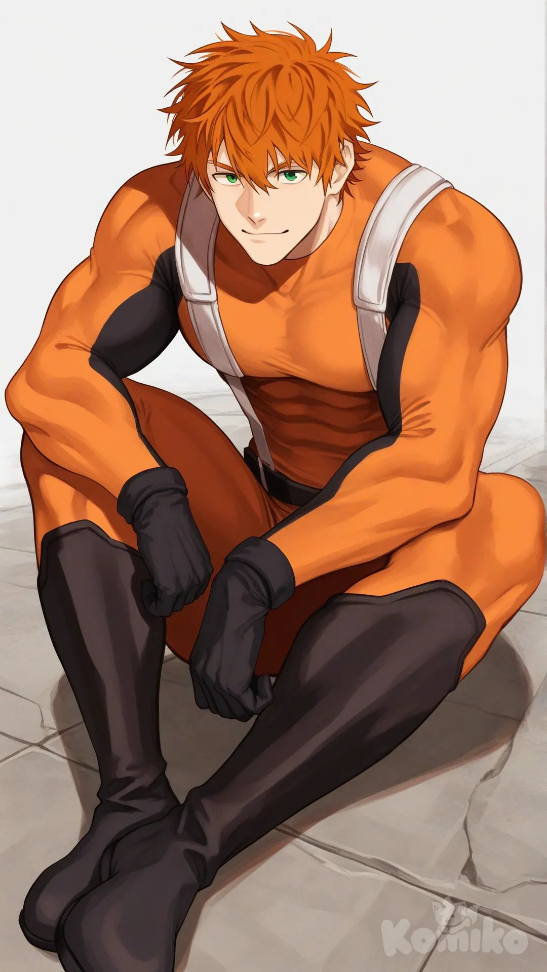 1boy, solo, white background, looking at viewer, front profile photo,

Superhero, Bryce Callahan, Jock Studio, giant body, messy orange hair, green eyes, fair skin tone, muscular body, black gloves, he's wearing three tone orange with black and white strap tight suit, superhero suit, [serious-man-style], full body, thin smile, sitting on the ground