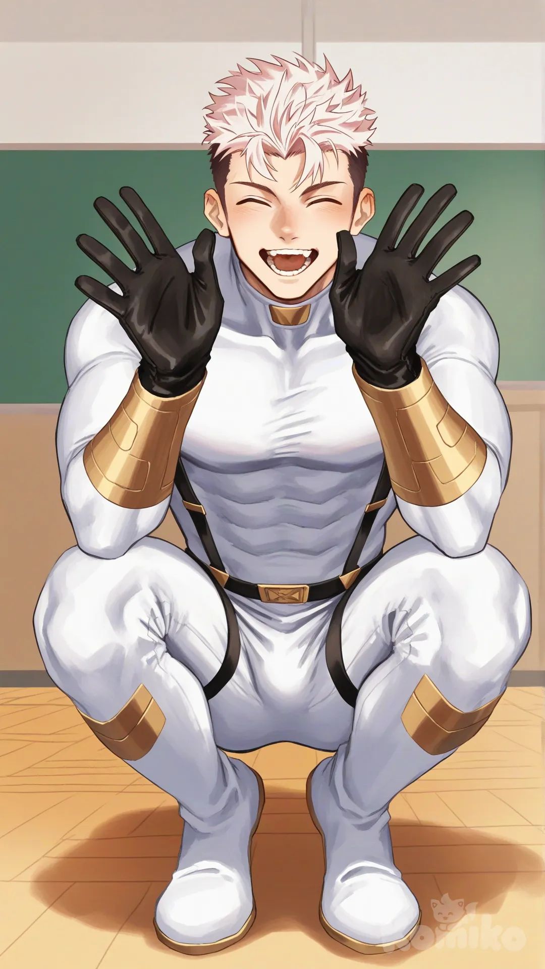 1boy, solo, kindergarten, class, kindergarten children's, looking down at children's, greetings by children's, surrounded by children's, front view,

Characters:
First character: Superhero, Yuuto Nakajima, Jock Studio, giant body, athletic body, spiky undercut peach hair color, eyes closed, peach skin tone, black gloves, he's wearing three tone white with black and gold strap tight suit, superhero suit, [serious-man-style], full body, smile, open mouth, squat, hugging one child