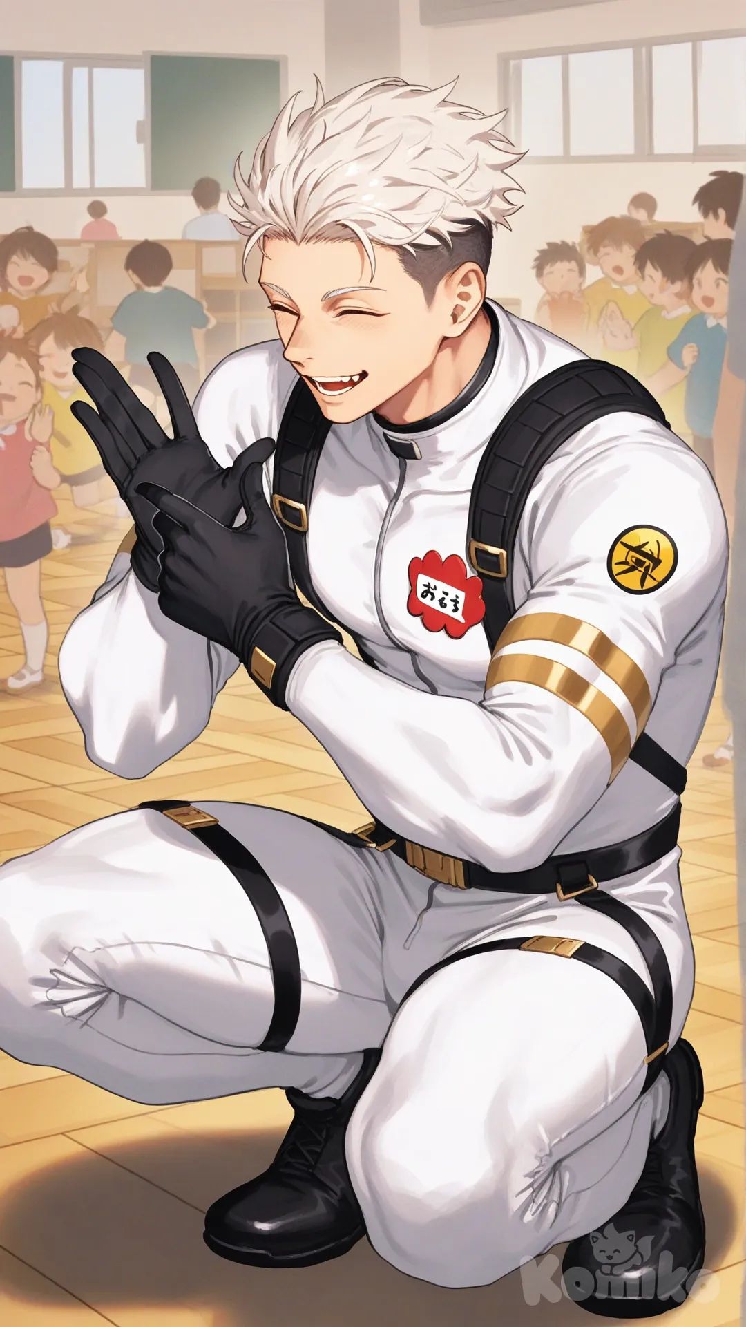1boy, solo, kindergarten, class, kindergarten children's, looking down at children's, welcomed enthusiastically by the children, surrounded by children's, front view, hugged by one child,

Characters:
First character: Superhero, Yuuto Nakajima, Jock Studio, athletic body, spiky undercut peach hair color, eyes closed, peach skin tone, black gloves, he's wearing three tone white with black and gold strap tight suit, superhero suit, [serious-man-style], full body, smile, open mouth, squat, hug