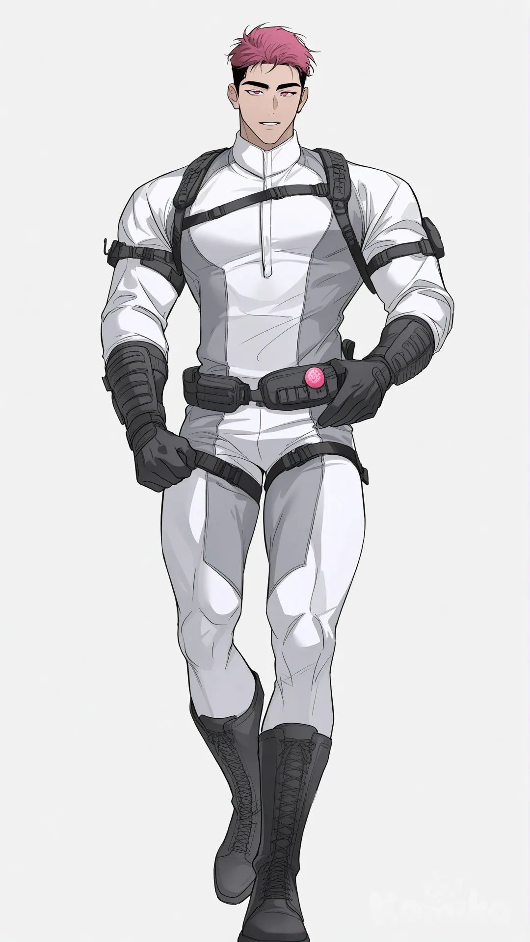 1boy, solo, looking at viewer, white background 

Characters:
First character: Superhero, Yuuto Nakajima, mature, Jock Studio, athletic body, pink eyes, peach spiky undercut hair color, peach skin tone, mature, black gloves, black boots, he's wearing three tone white with black and gold strap tight suit, superhero suit, [muscular-manhwa-style], full body, standing