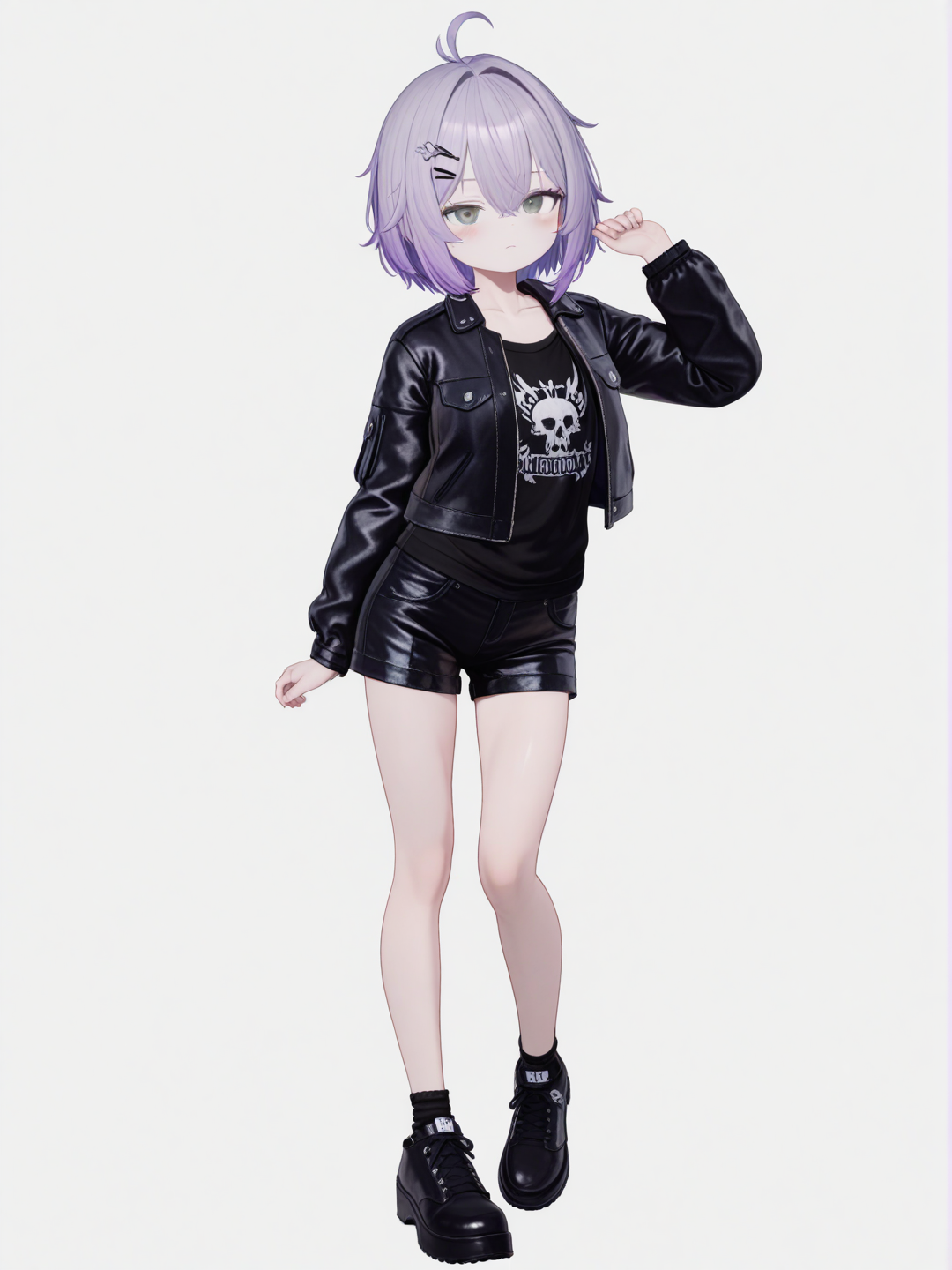 [3d-anime-style] 1girl, child, slim, purple_hair, grey_eyes, fair_skin, school_vest, punk_leather_jacket, hairpin, single character, full body, looking at viewer, anime style, simple background, white background
