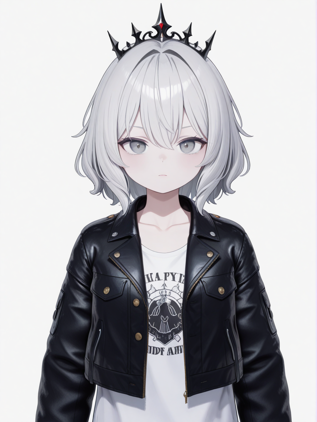 [3d-anime-style] 1girl, child, athletic, white_hair, grey_eyes, pale_skin, leather_jacket, crown, solo, full_body, looking_at_viewer, anime_style, simple_background, white_background