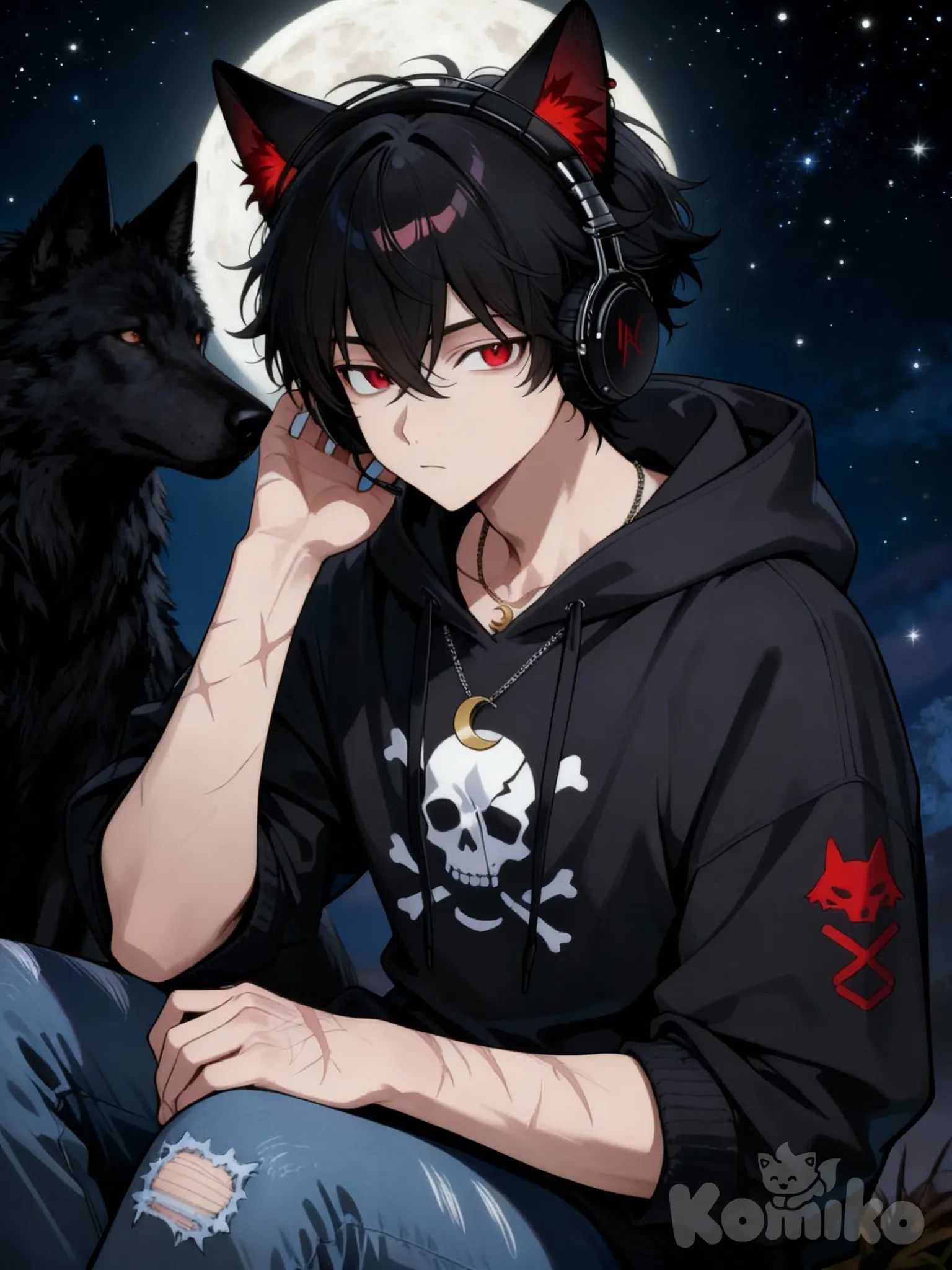 @mati-uJqN , con un lobo negro, mirando la luna