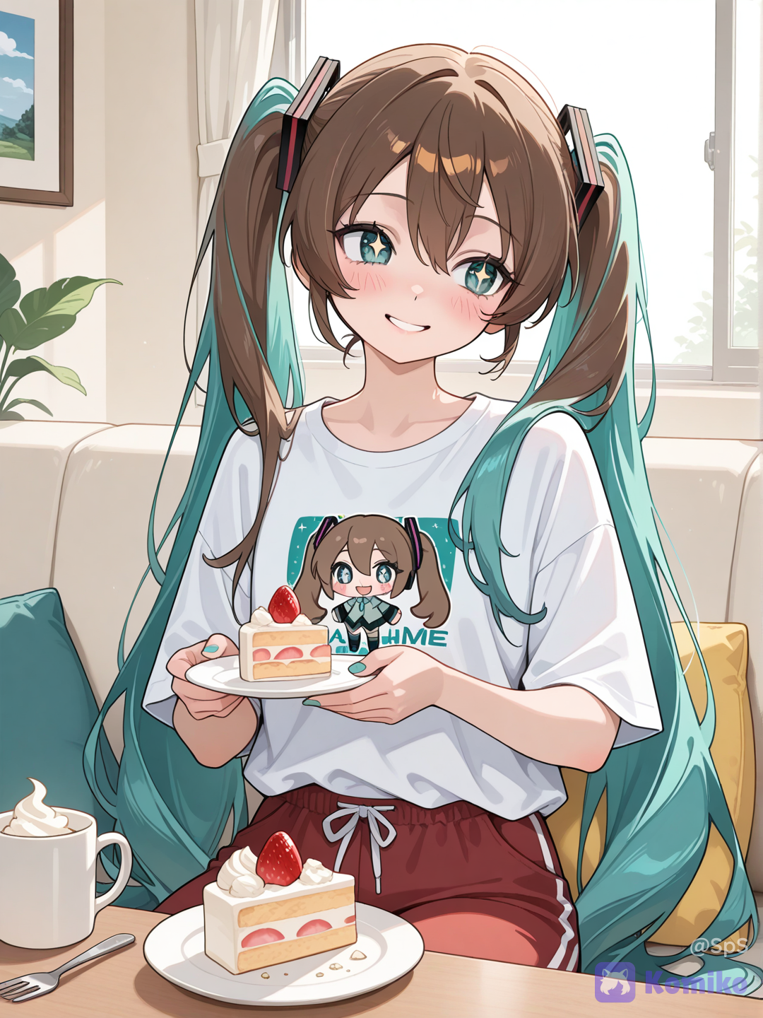 holding a small dessert plate with a half eaten slice of strawberry shortcake