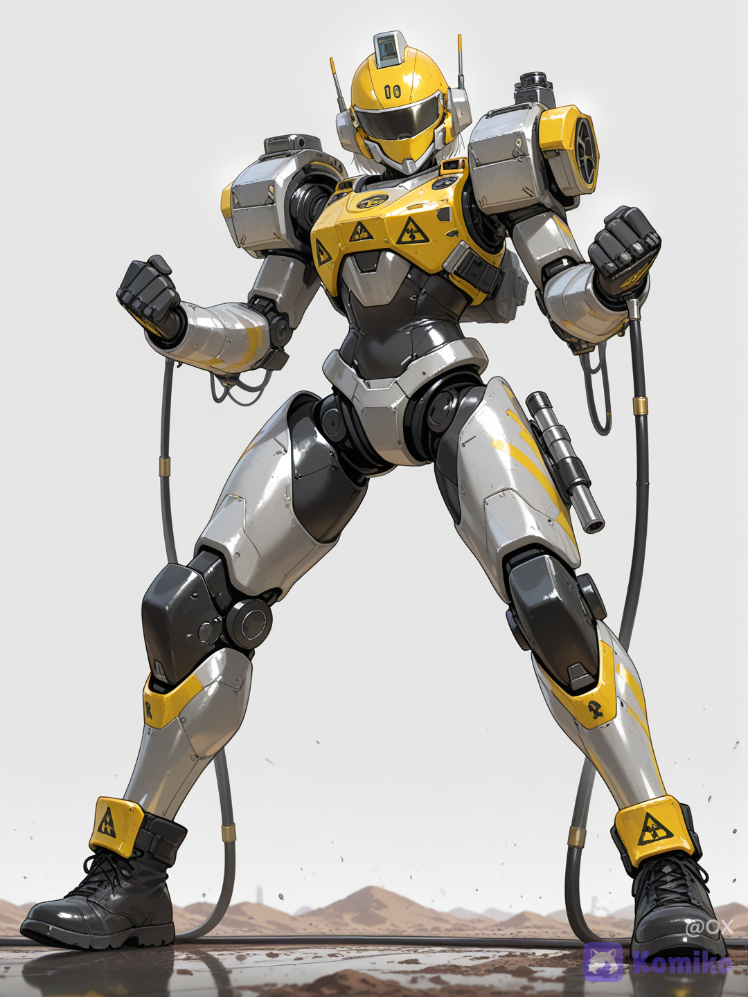 CGI Một nữ chiến binh cyborg trong bộ giáp cơ khí công nghiệp hạng nặng,