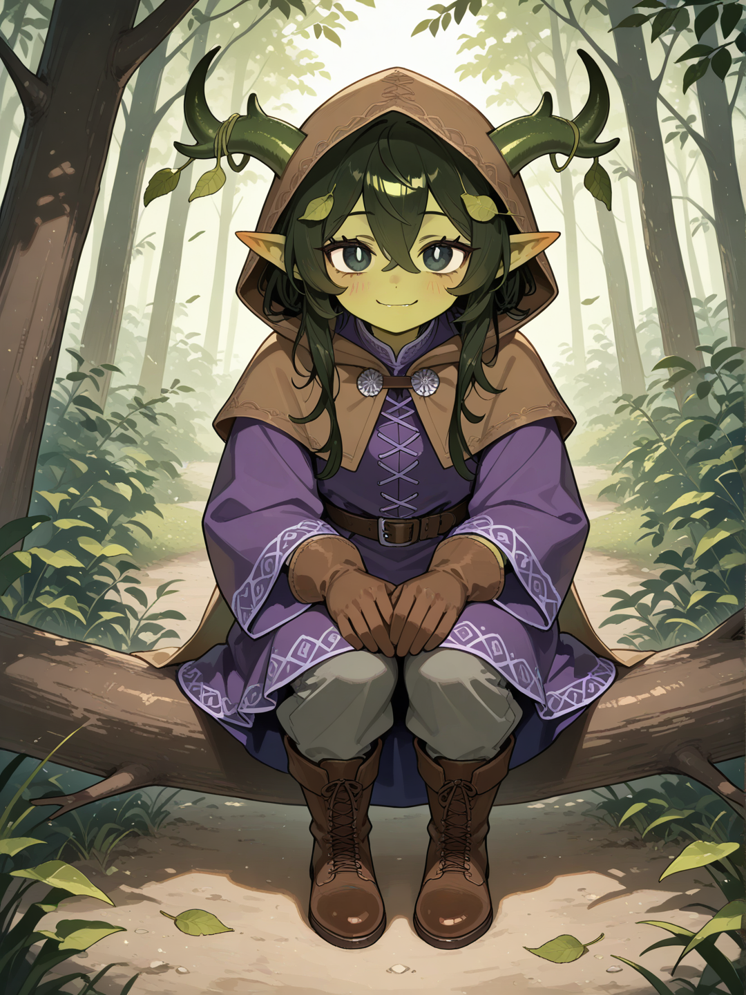 Chica, piel color verde, su cabello son hojas verdes oscuras, ojos de gato, usa una capucha café, ramas de árbol como cuernos en su cabeza, ropa estilo medieval morado, pantalón gris, guantes y botas cafés, sonríe tiernamente