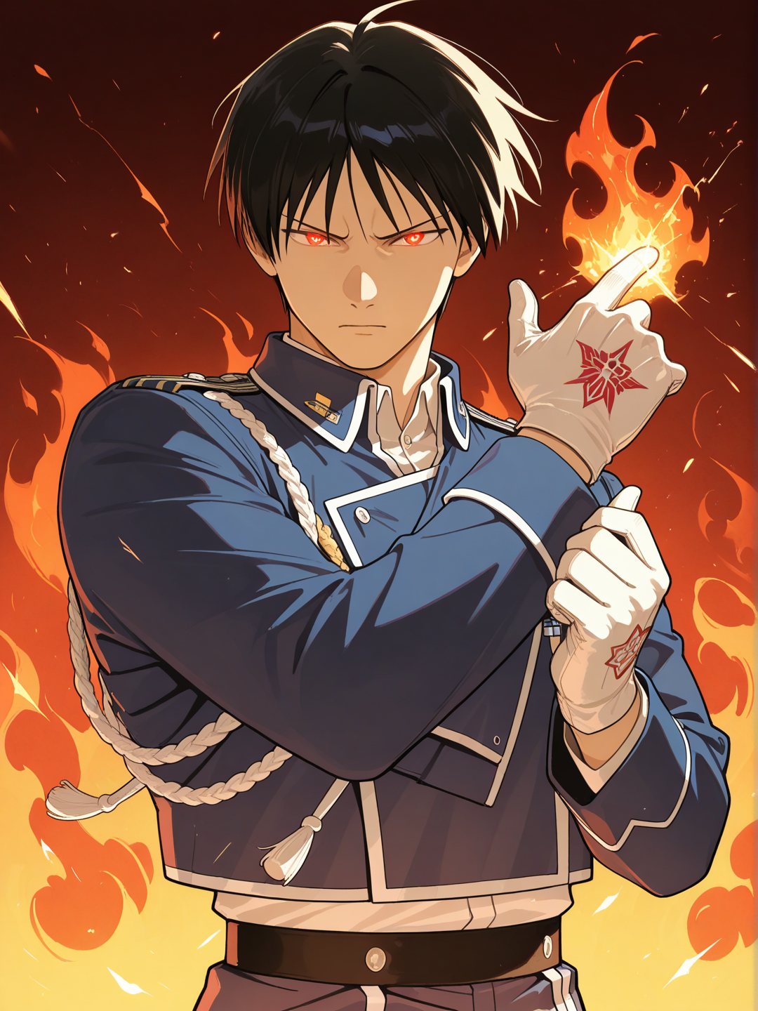 @Roy_Mustang, ojos brillantes, fuego de fondo, está chasqueando los dedos, sale chispas de sus manos, mirada asesina
