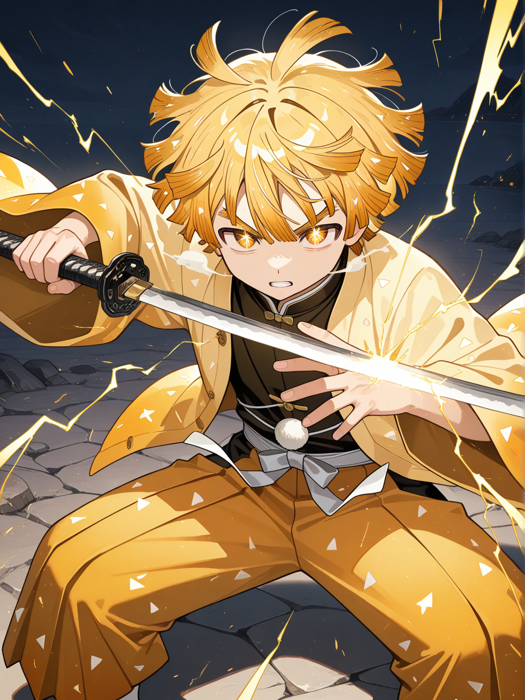@Agatsuma_Zenitsu, posición de batalla, rayos al rededor, katana en mano, ojos brillante