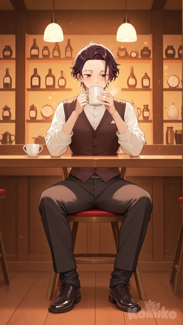 @Kamado_Tanjirou Tanjiro Kamado, modern café setting, sitting casually at a wooden café table, sipping coffee from a ceramic cup, calm and gentle expression, accurate anime face features (soft eyes, scar on forehead, short tousled dark hair with burgundy tint), wearing modern aesthetic outfit: white shirt, fitted neutral-toned vest, tailored pants, clean minimalist style, warm indoor lighting, cozy café interior, soft bokeh background, anime realism style, high detail, high resolution, cinematic depth, no text, full body, cinematic lighting, cafe, knitted vest