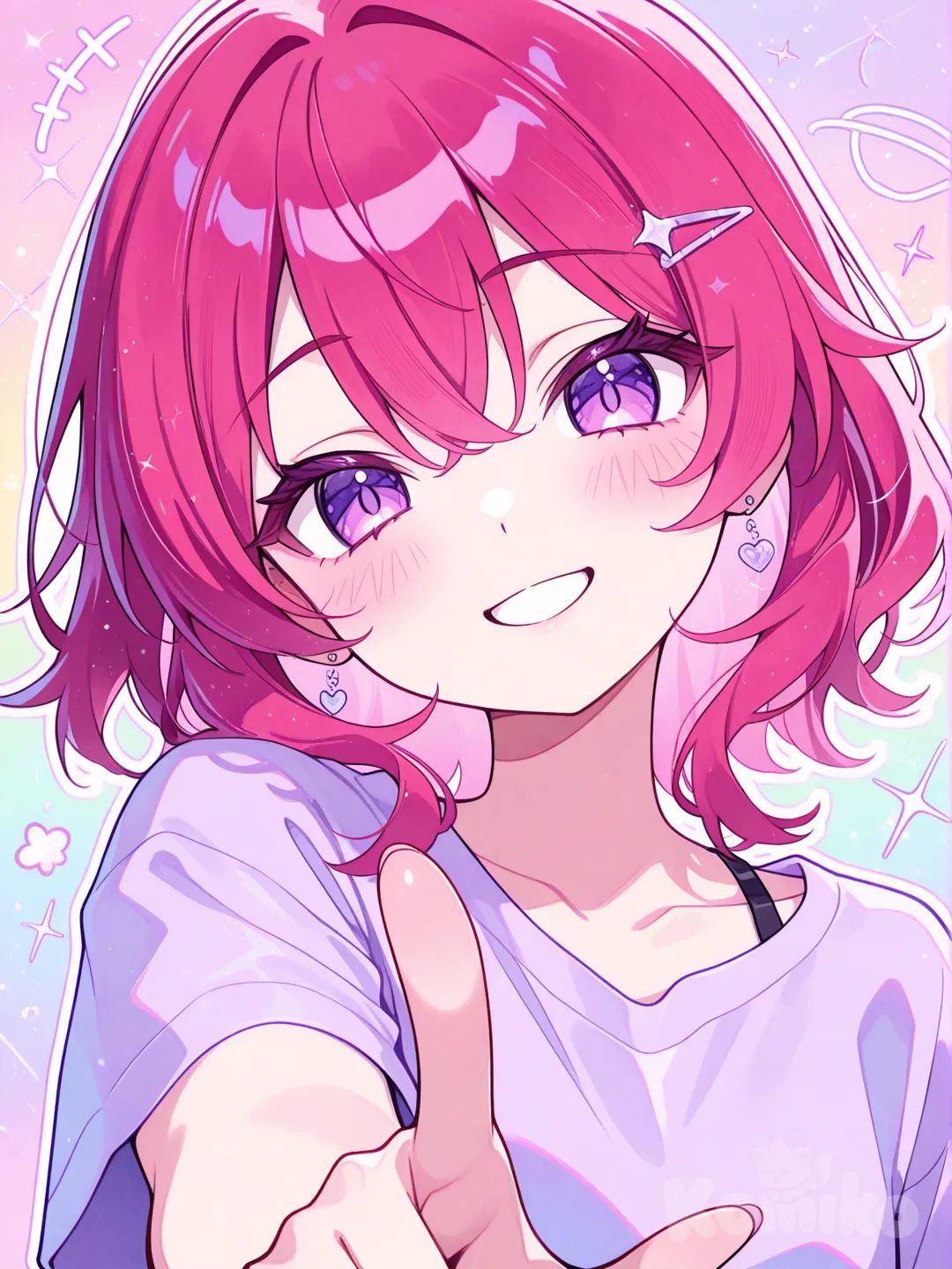 anime girl, cute expression, vibrant colors, anime art, head tilt, pointing at viewer