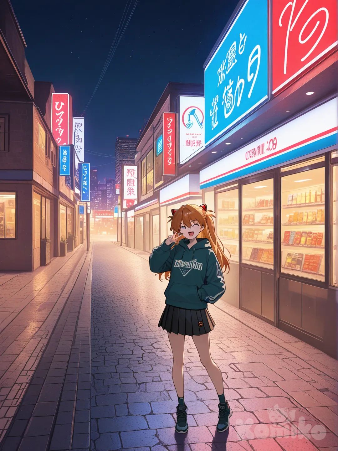 @Souryuu_Asuka_Langley, v sign, laughing, hoodie, pleated skirt, wide shot, city lights, convenience store