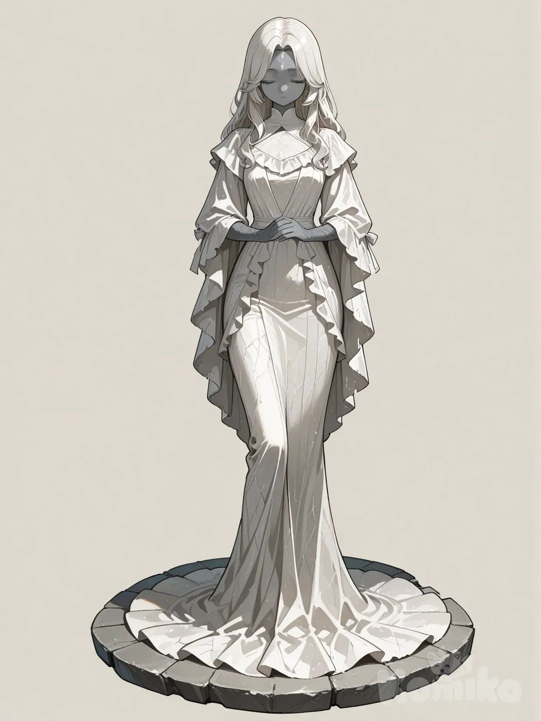 1girl, stone statue, one-piece dress, silk dress, white dress, closed eyes, own hands together