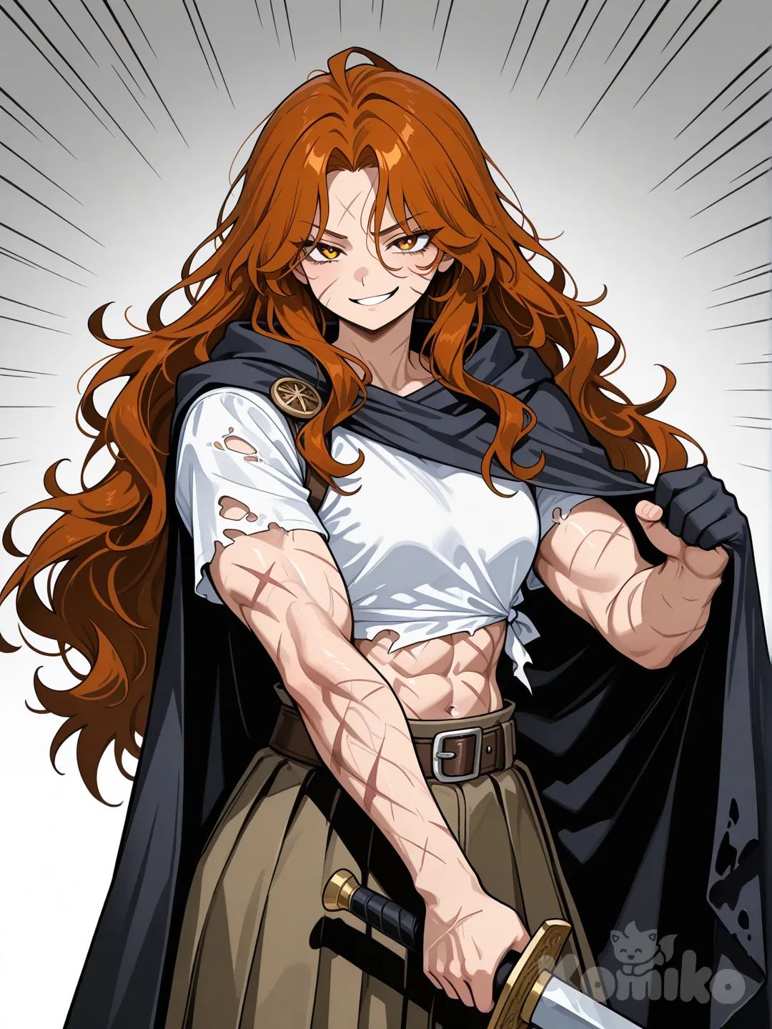 A muscular, young female figure is the primary subject, drawn in a manga or anime style. She appears to be Caucasian, with long, wavy reddish-brown hair. She is partially clad in torn, simple white garments, and a flowing, dark cape that obscures part of the background. The man holds a large sword, its blade angled downward, gripped in his right hand. His left hand is raised, pulling back the fabric of the cape. The figure has a confident expression, with a slight smirk. The composition is dynamic, with the character occupying most of the frame from the waist up. The body is heavily defined, showcasing sculpted muscles and battle scars. The background is mostly a stark, blank white, with areas of black from the cape. The lighting seems to be coming from the front-left, casting subtle shadows and defining the character's form. The overall style is bold, with strong lines and contrasts., [glossy-anime-style]