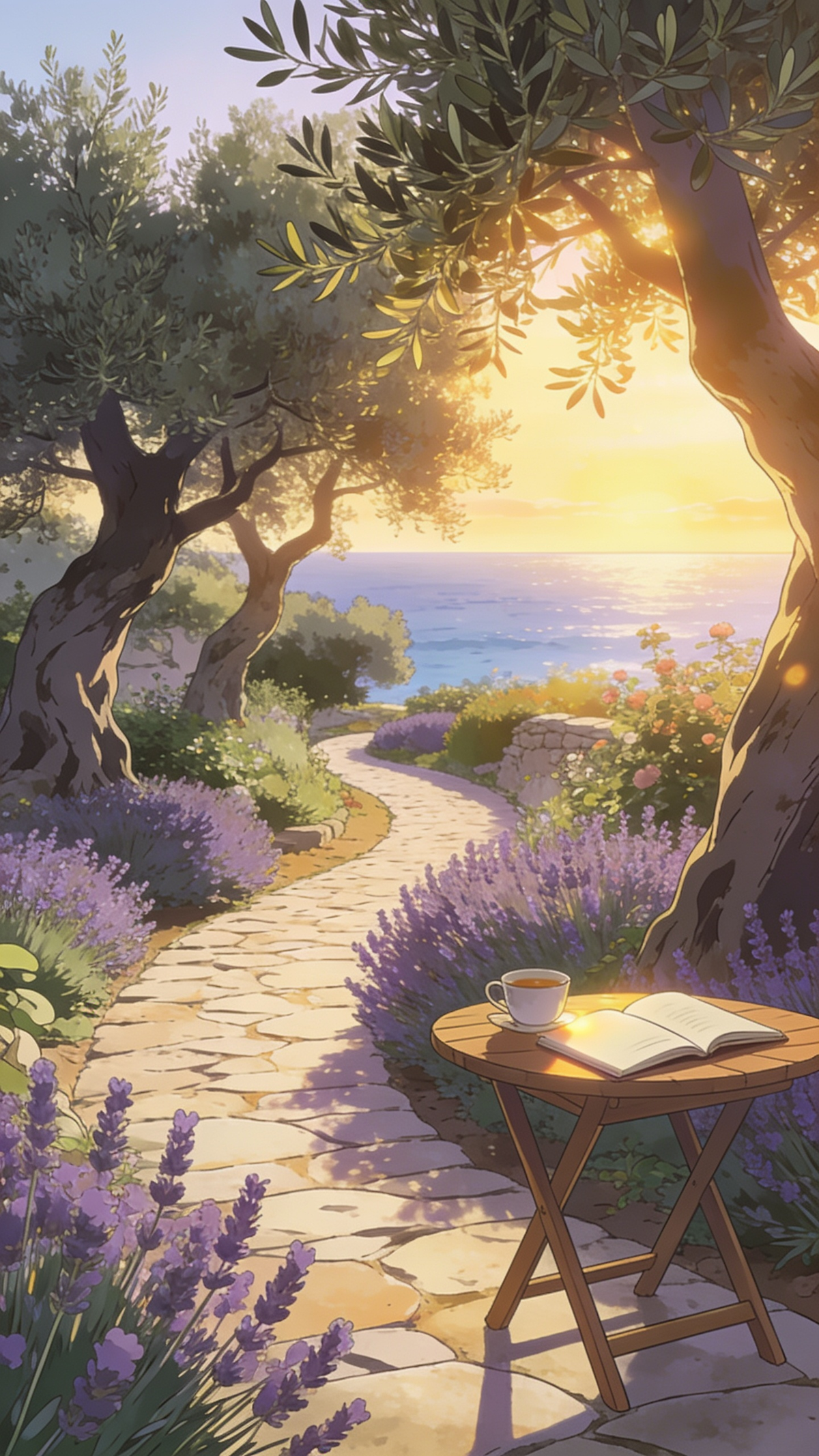 peaceful Mediterranean garden at sunrise