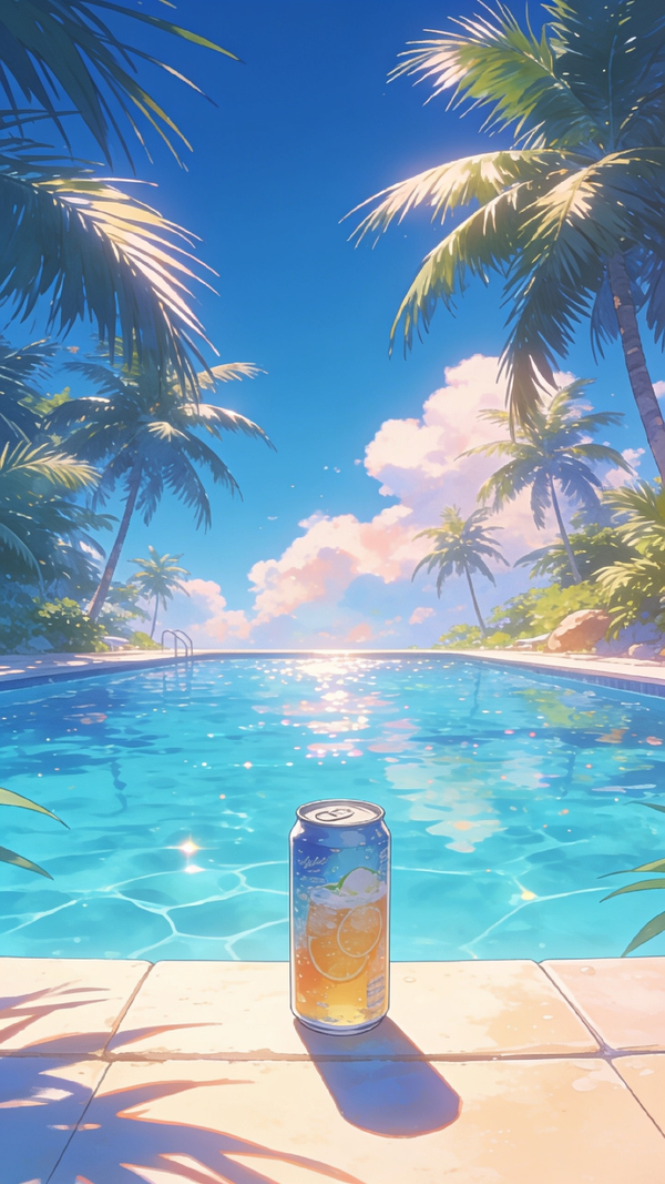 🌊a cold beverage can on the edge of a tropical pool🌴