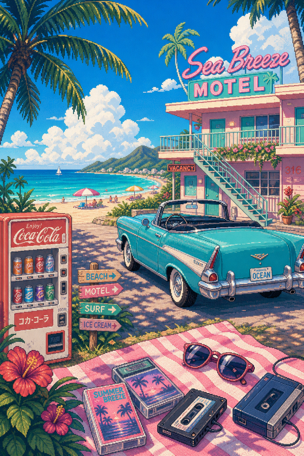 90s tropical coast summer postcard scene🌴