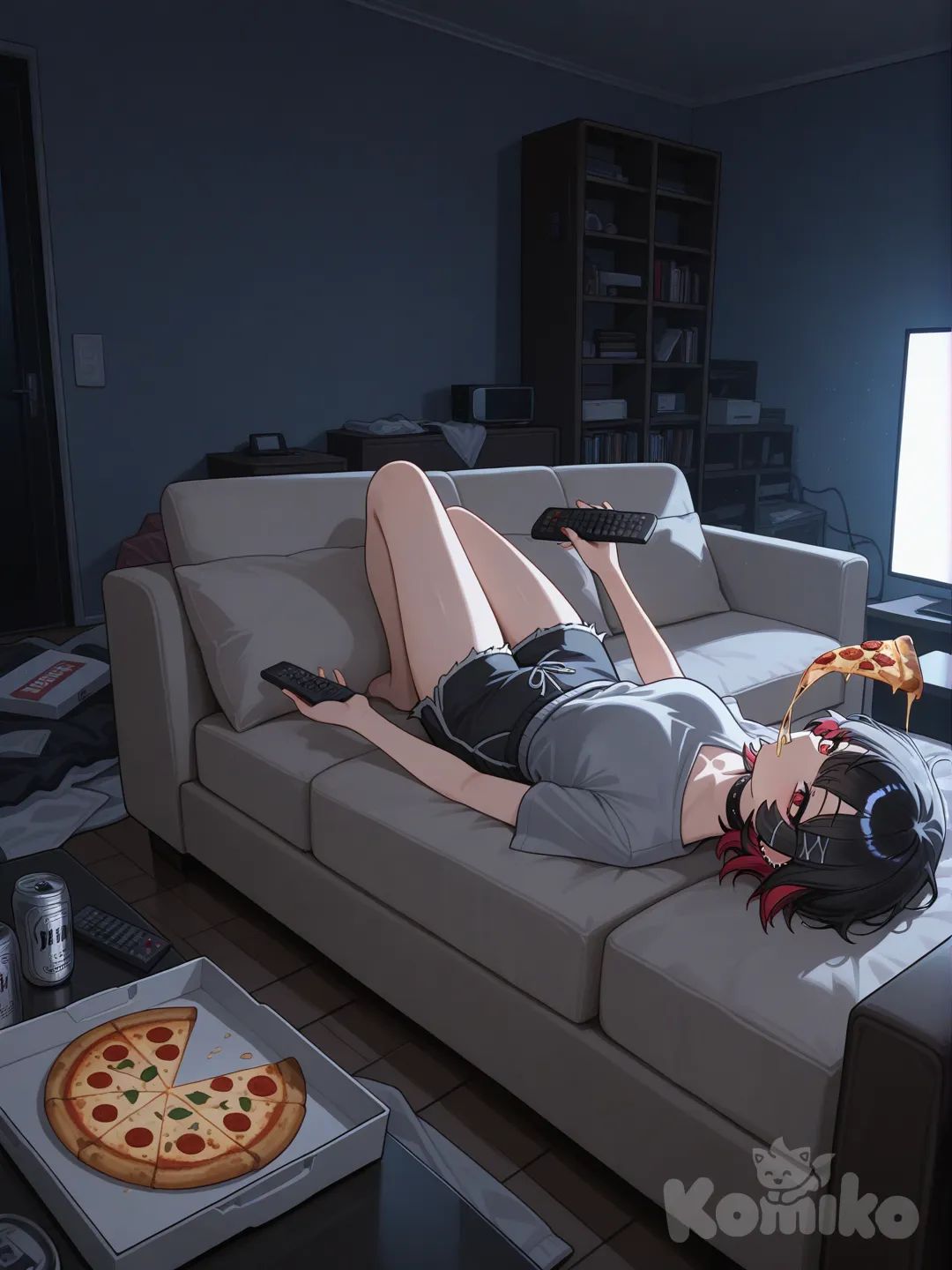 ellen joe, original bebiendo cerveza en el mientras ve televisión acostada en el sofá
Y come pizza en la cama