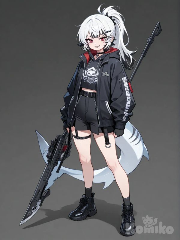 ellen joe, con un arma con ropa casual y cabello original meme
