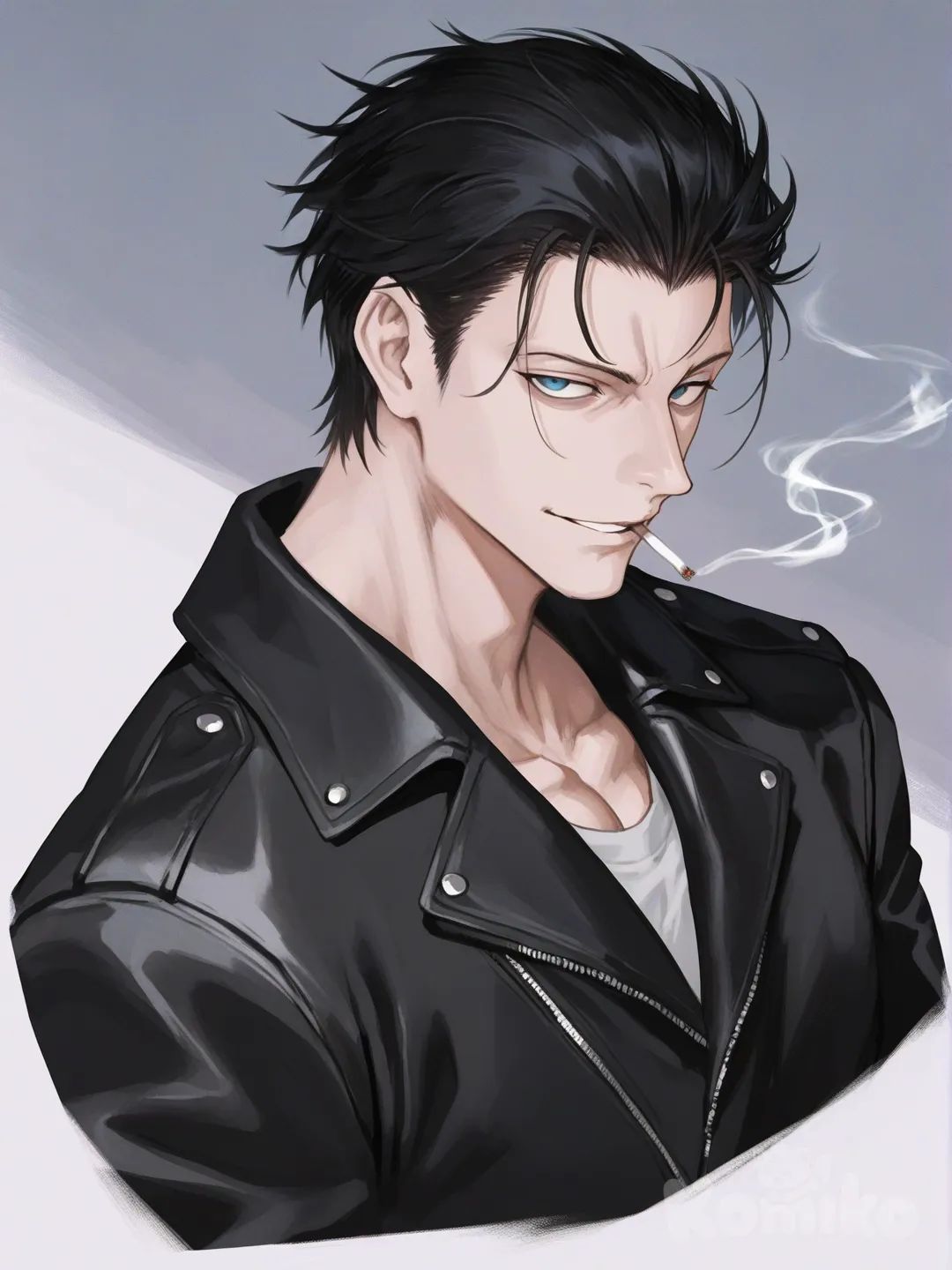 pale skin, muscular male, black hair, loose hair strand, blue eyes, slim eyes, cigarette in mouth, black leather jacket, [serious-man-style], smile