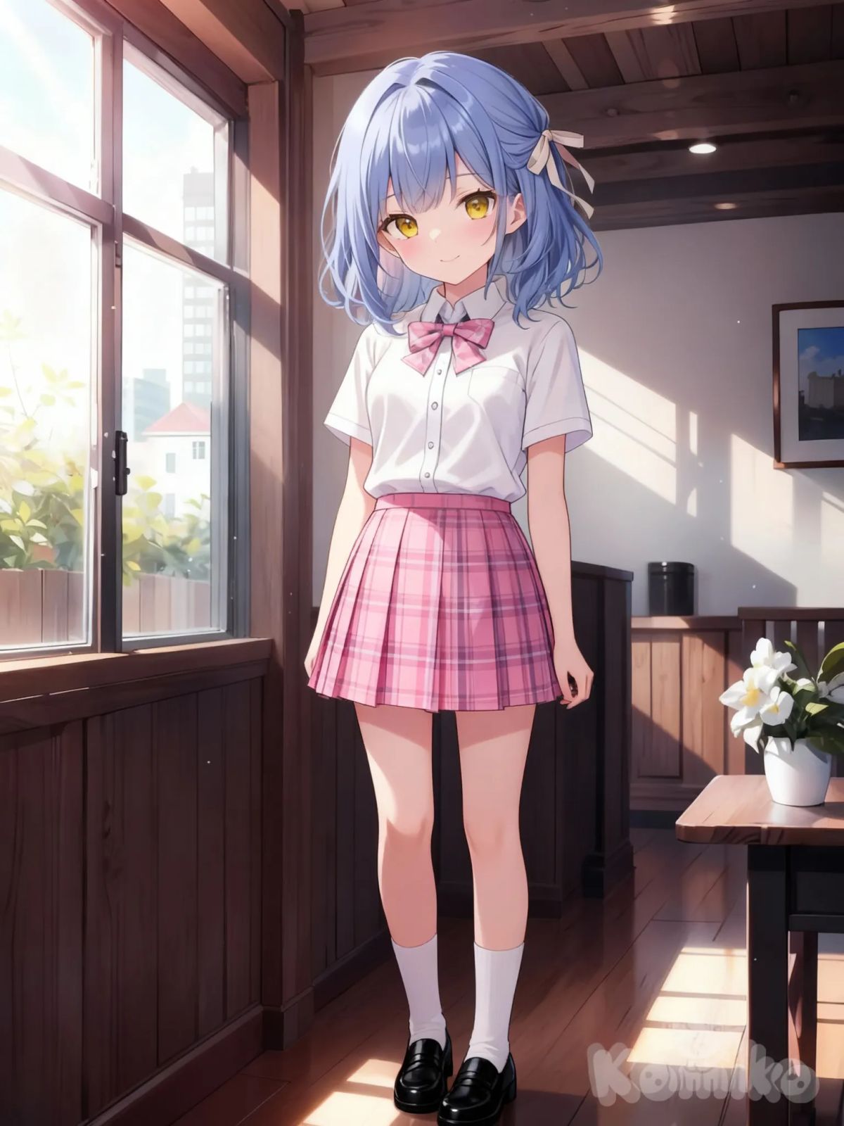 wearing a skirt and a white shirt, 1girl, skirt, solo, bow, pink skirt, plaid, plaid skirt, shirt, black footwear, socks, bowtie, white button shirt, white socks, shoes, school uniform, periwinkle blue hair , yellow eye , school uniform , short sleeves , hair ribbon
