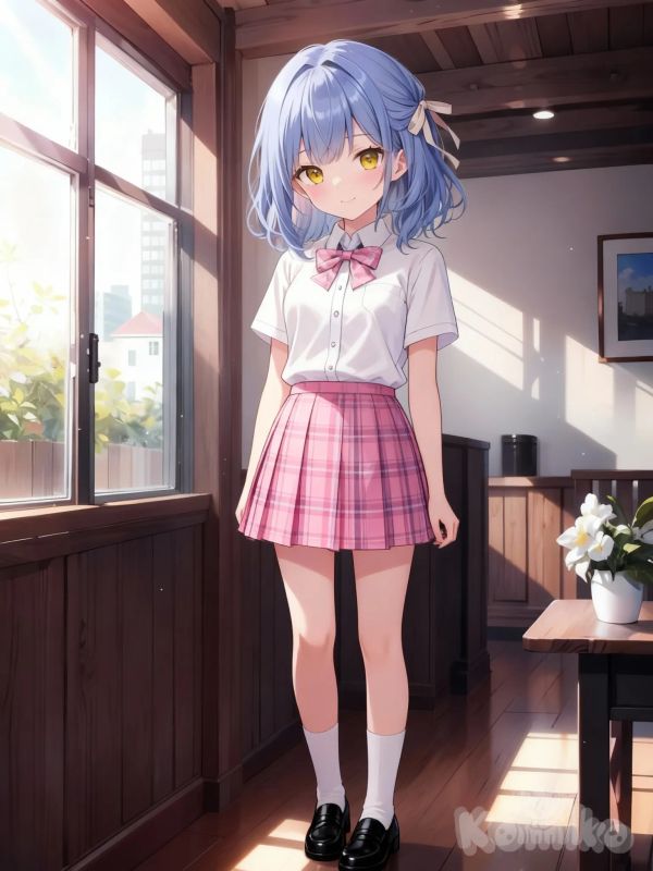 wearing a skirt and a white shirt, 1girl, skirt, solo, bow, pink skirt, plaid, plaid skirt, shirt, black footwear, socks, bowtie, white button shirt, white socks, shoes, school uniform, periwinkle blue hair , yellow eye , school uniform , short sleeves , hair ribbon