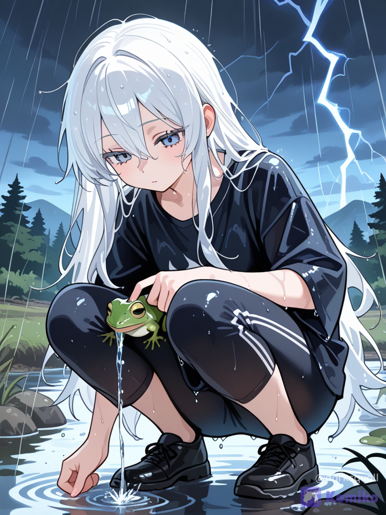 Chica plateada y rana en tormenta ☔🐸