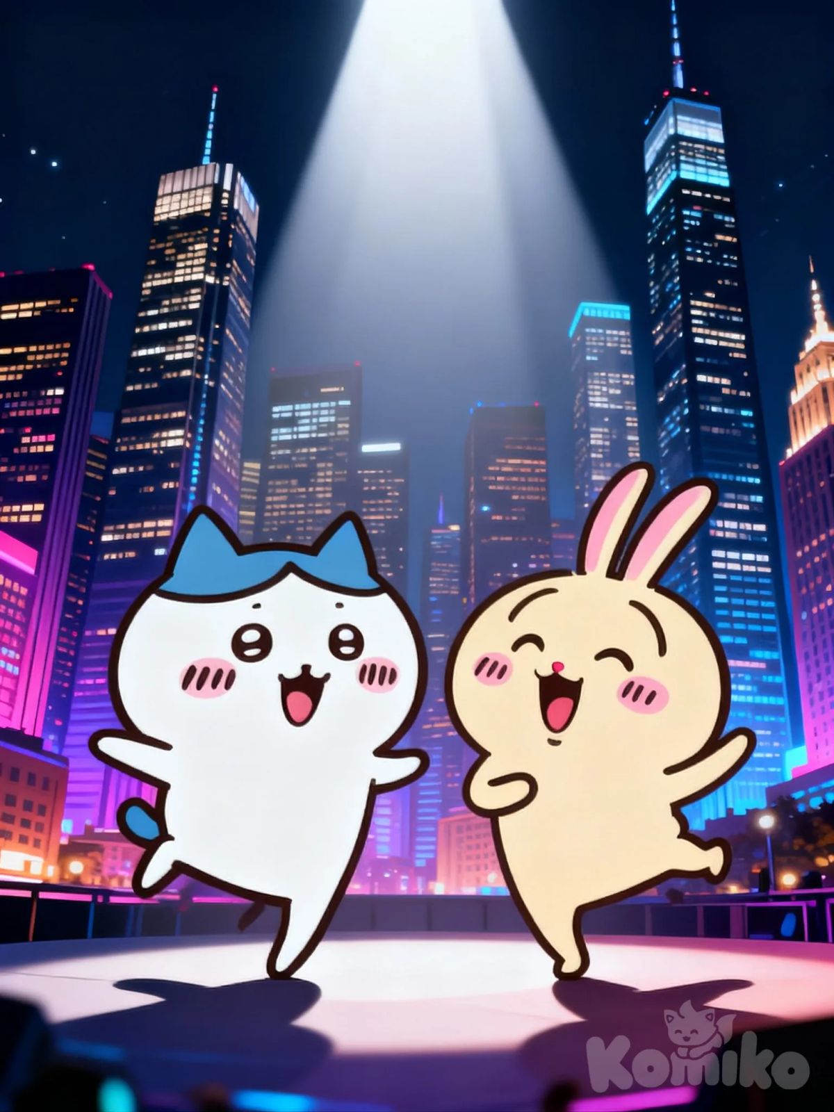@Hachiware, @Usagi, singing, dancing, full body, looking at viewer, top light, night, skyscraper