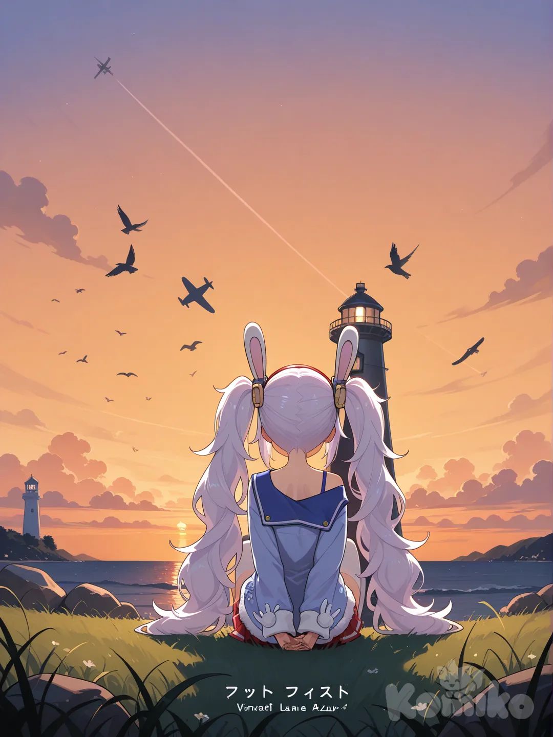 @Laffey_(Azur_Lane)
Смотрите на восход сидя на траве и облакачивается на обе руки немного наклонена назад, вид со спины в сторону заката , добавь маяк в далее и пролетающий след самолёта и немного измени угол обзора со спины и добавь пролетающих птиц маленьких и добавь за спиной камень на который она облакачивается