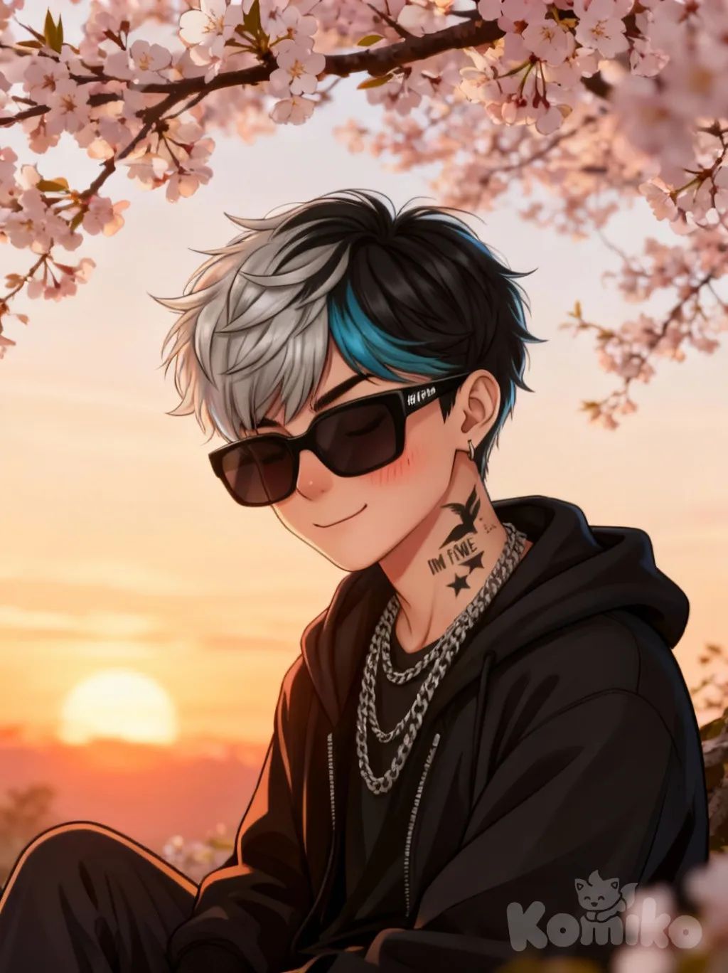 sitting,under cherry blossoms,blushing,sunset in back,smiling, looking down, @kai-thompson-ucWw