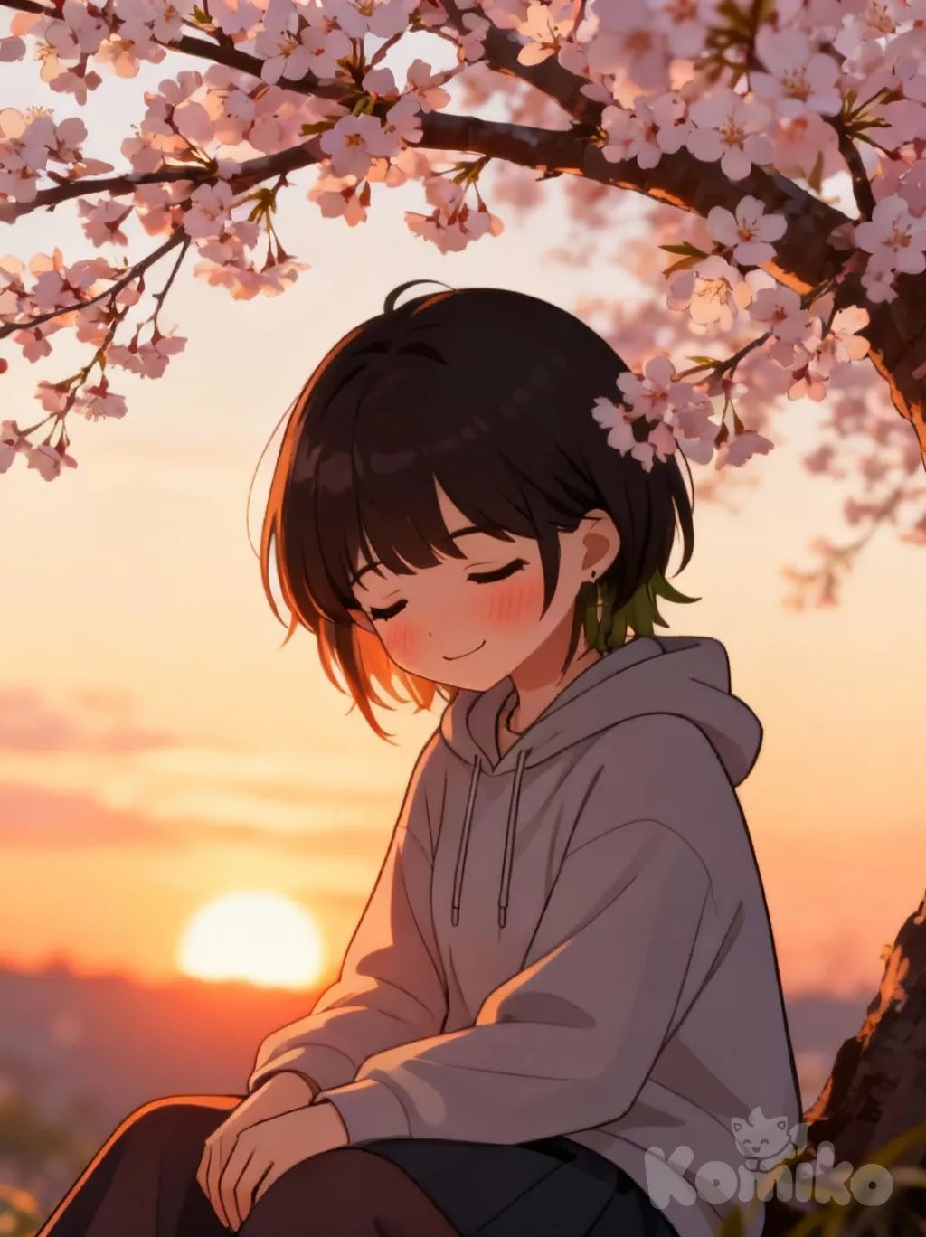 sitting,under cherry blossoms,blushing,sunset in back,smiling, looking down, KomikoAI.jpg