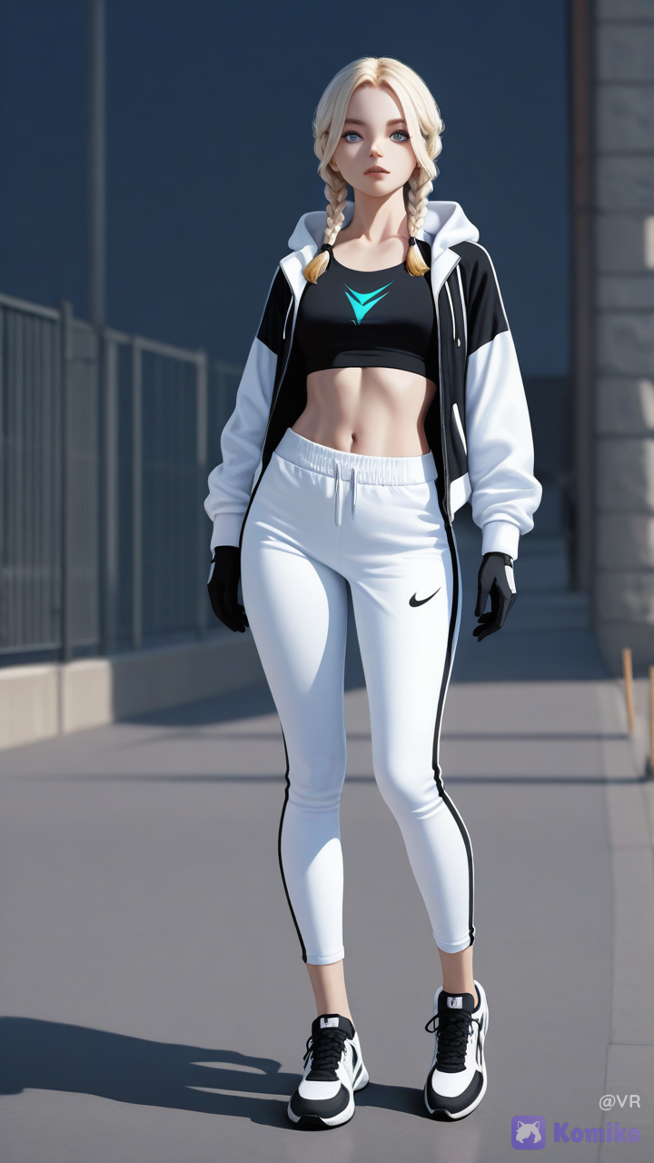 1girl, with blonde hair & black tip& highlighting in a The Fence Braids, Blue-Grey Eyes, with a white hoody open in front with a black Mimi top and white jogging pants with black thorns Heart on the left hip. black biker gloves, athletic body, floating, warrior , Ultra realistic masterpiece, photorealistic, cinematic lighting, extremely detailed, ultra high resolution, 16K UHD, Full HD quality, hyper detailed skin texture, realistic pores, ultra realistic face, ultra realistic eyes, ultra realistic hair, realistic human body proportions, natural lighting, lifelike shadows, highly detailed facial features, sharp focus, crystal clear image, vivid colors, cinematic atmosphere, realistic depth of field, realistic reflections, realistic textures, professional photography quality, HDR, no blur, extremely sharp details, highly detailed skin, realistic eyelashes, realistic lips, realistic hair strands, natural expression, highly detailed full body portrait, photo-realistic quality, true-to-life appearance, ultra clean image quality, premium visual quality, studio quality rendering.  Faithful to the reference face, preserve facial identity, natural anatomy, realistic skin imperfections, ultra detailed eyes and skin, highly realistic human texture, realistic lighting and shadows, cinematic realism, masterpiece composition, extremely high detail, professional quality.
