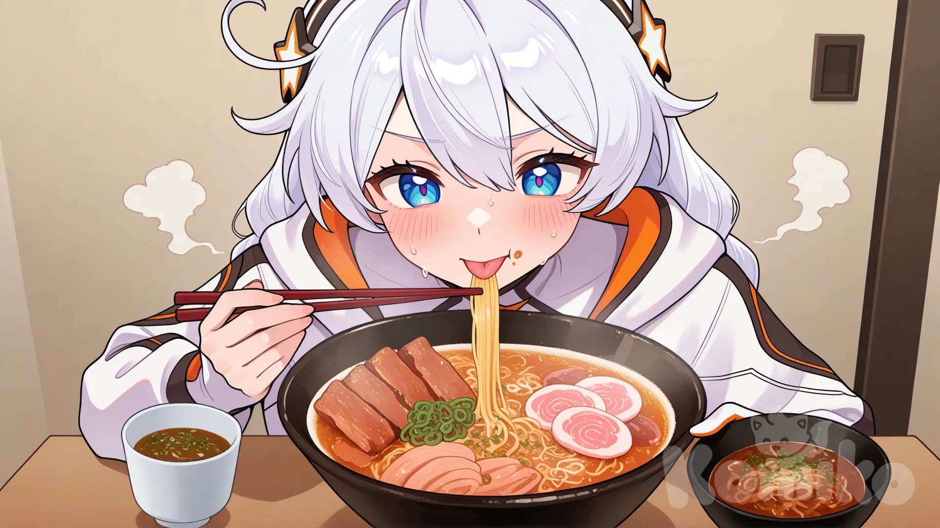 @Kiana_Kaslana_(White_Comet) eating spicy miso ramen