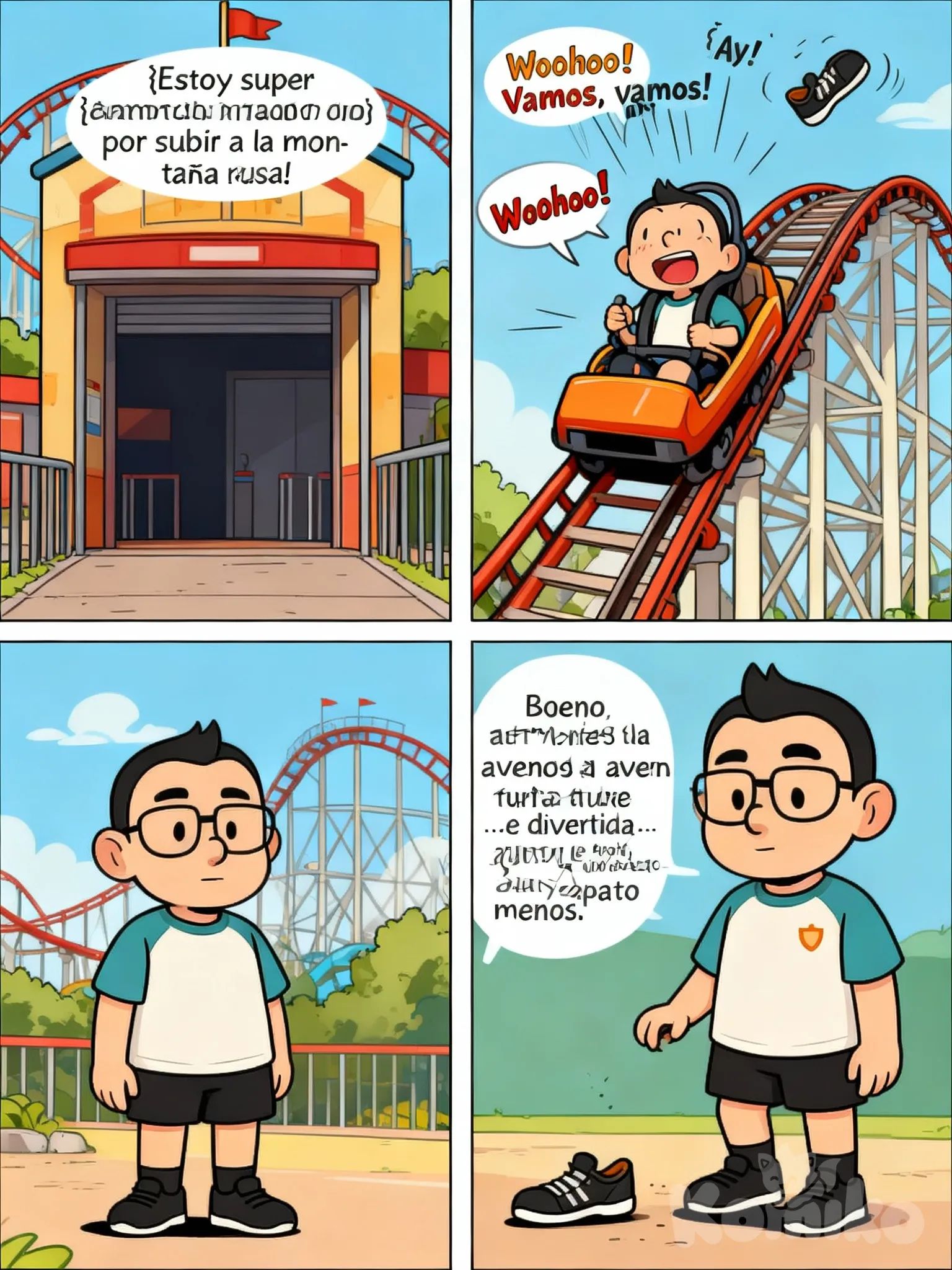 haz una tirasaasdsade comic estilo snoopy con una historia de que me subo ha una motaña rusa y se me cae el zapato no se te olvide añadir al personaje hablando
