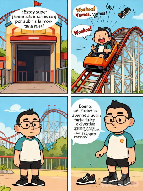 haz una tirasaasdsade comic estilo snoopy con una historia de que me subo ha una motaña rusa y se me cae el zapato no se te olvide añadir al personaje hablando