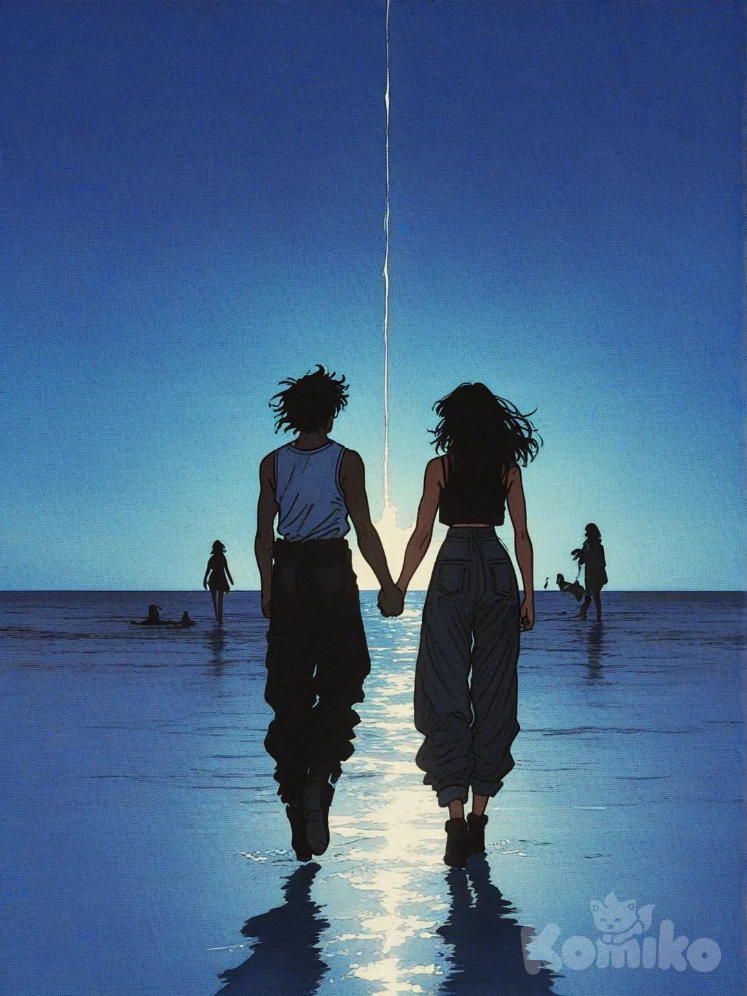 1boy, 1girl, 2people, [action-manga-style], holding hands, tank top, wide pants, long hair, charcoal black, ambient light, blue sky, ocean