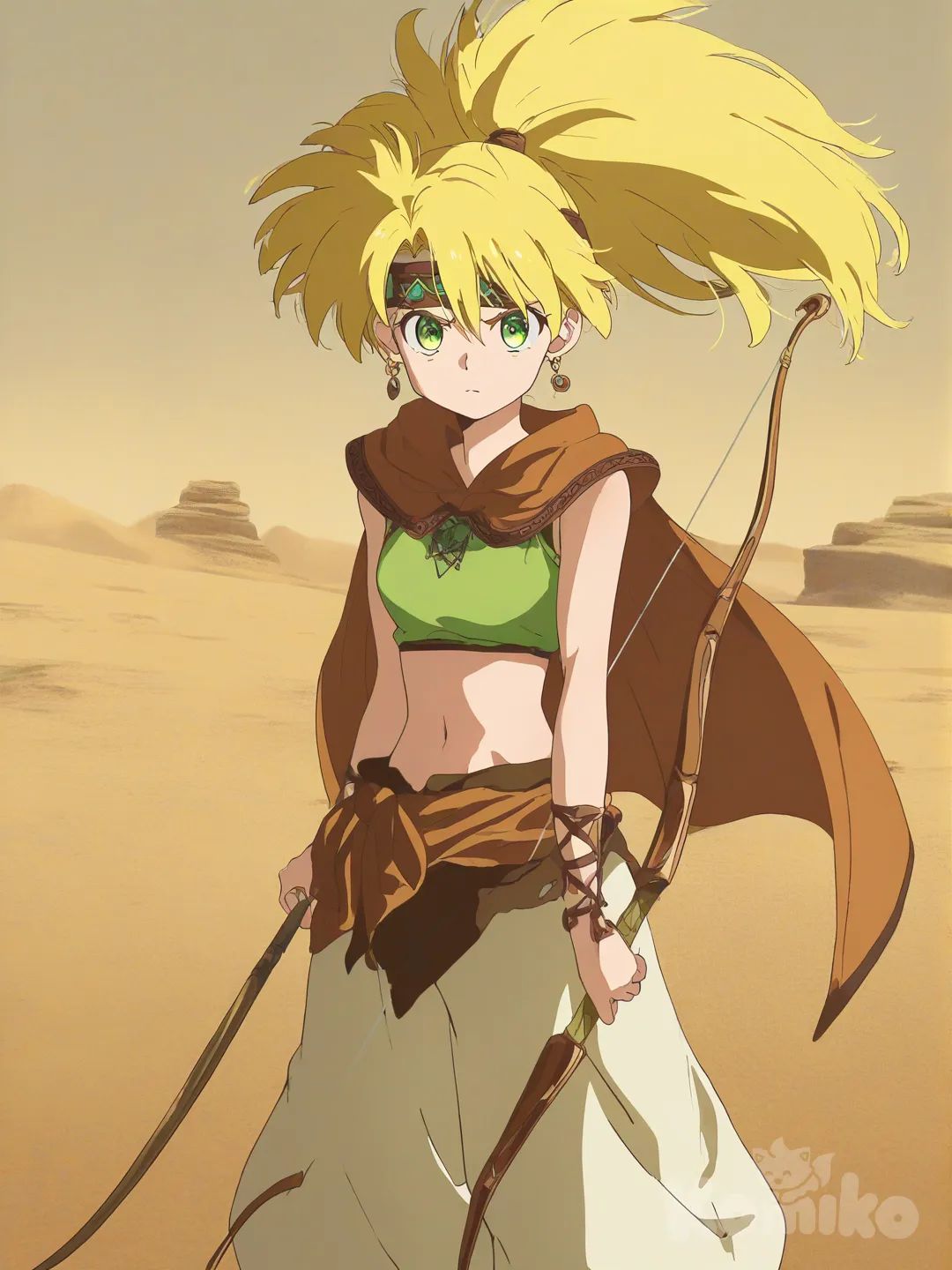 1girl, [bright-anime-style], determined face, earrings, headband, blonde hair, high ponytail, green eyes, green cropped with brow details, small cape, wide pants, bow and arrow, day, desert