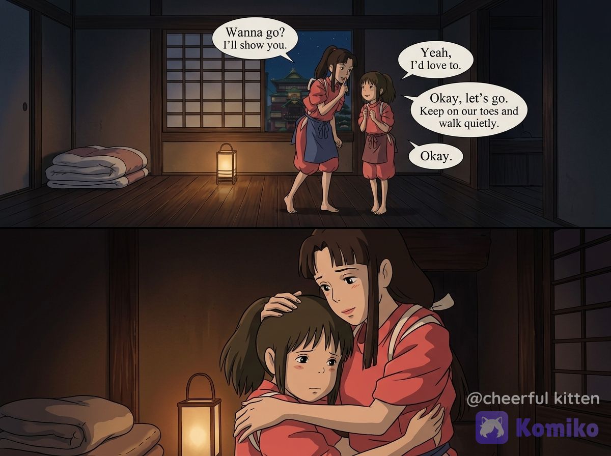 Lin takes Chihiro to the secret pool underground plus hug