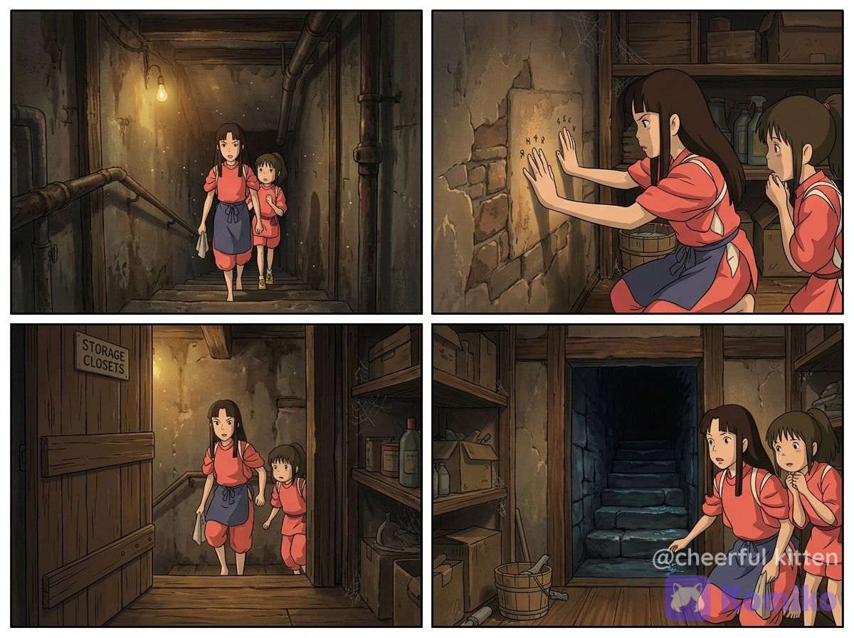 Chihiro and Lin at closet maid finding the secret underground pool